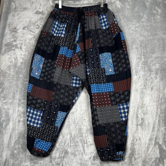 Onttno Adult  Harem Joggers Patchwork Pants L Cotton Linen Boho Festival Casual - Picture 2 of 13